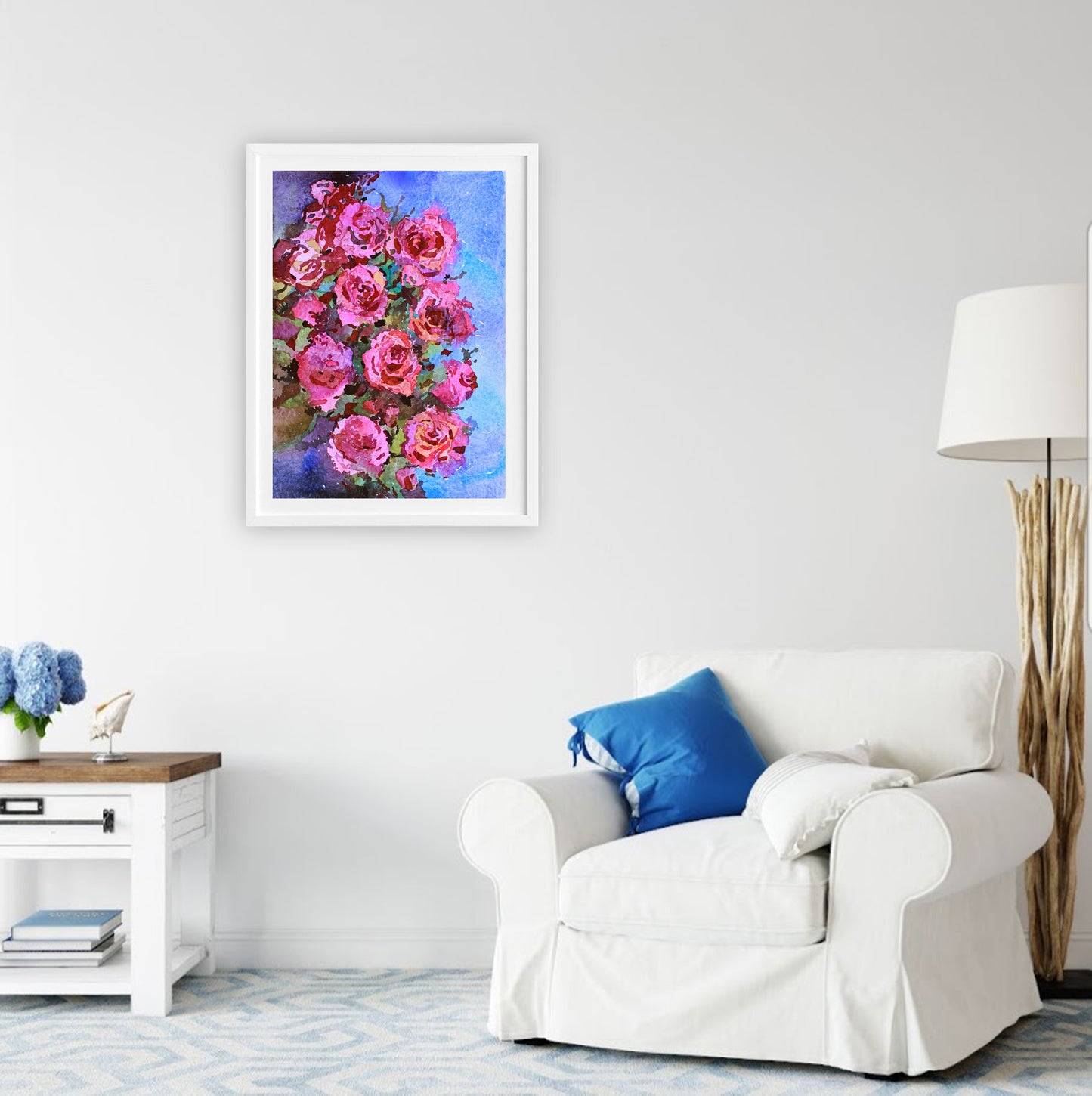Pink Rose Original Watercolor Flower Painting by Tanbelia
