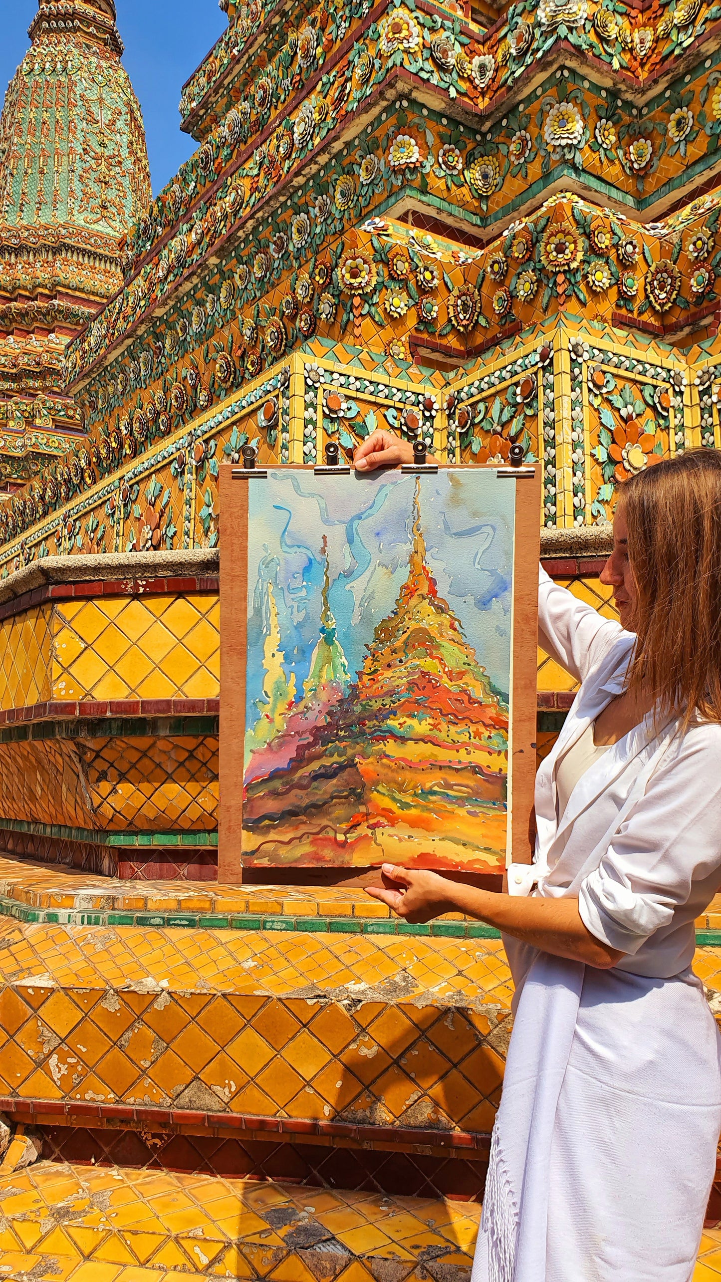 Buddhist Stupas in Wat Pho Temple in Bangkok Watercolor Original Artwork by Tanbelia