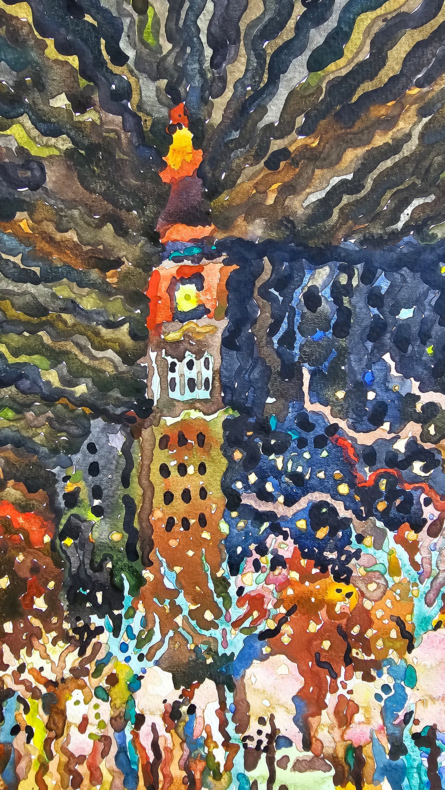 Daniels & Fisher Tower on Larimer Square in Denver Watercolor Painting by Tanbelia