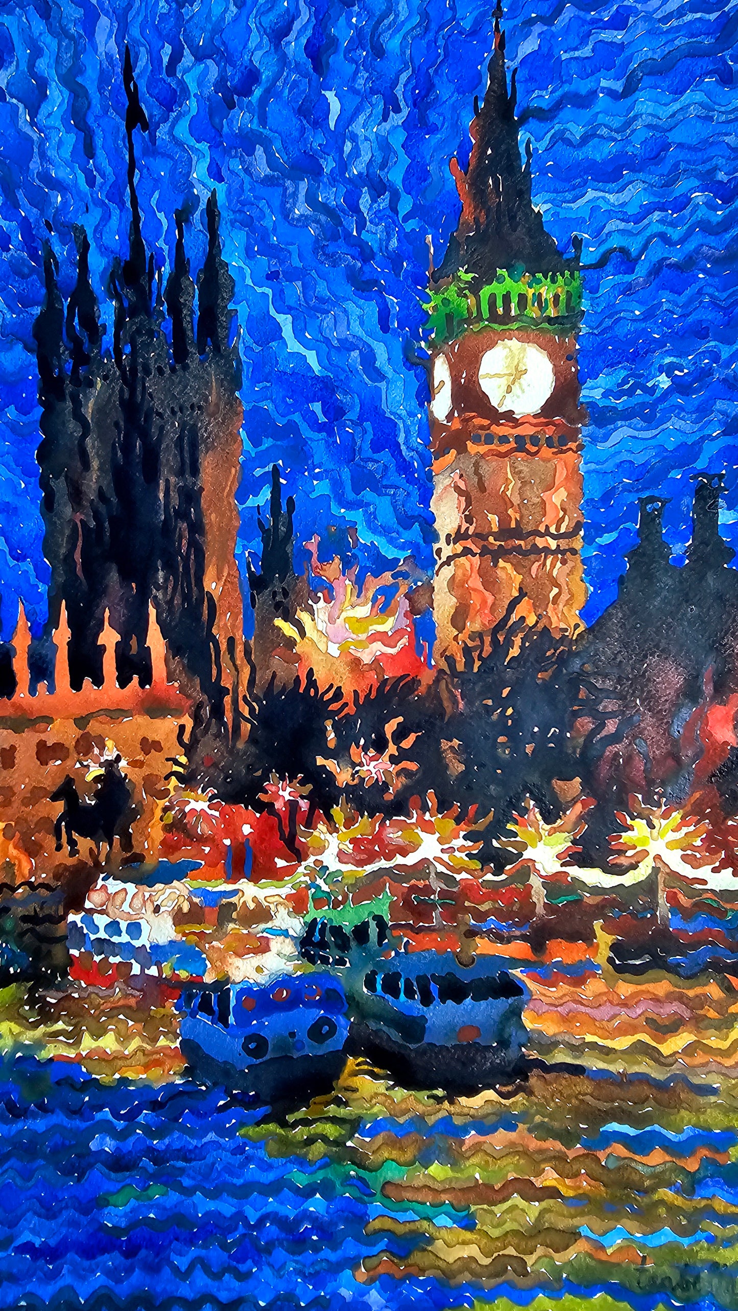 Big Ben in London City Watercolor Painting by Tanbelia