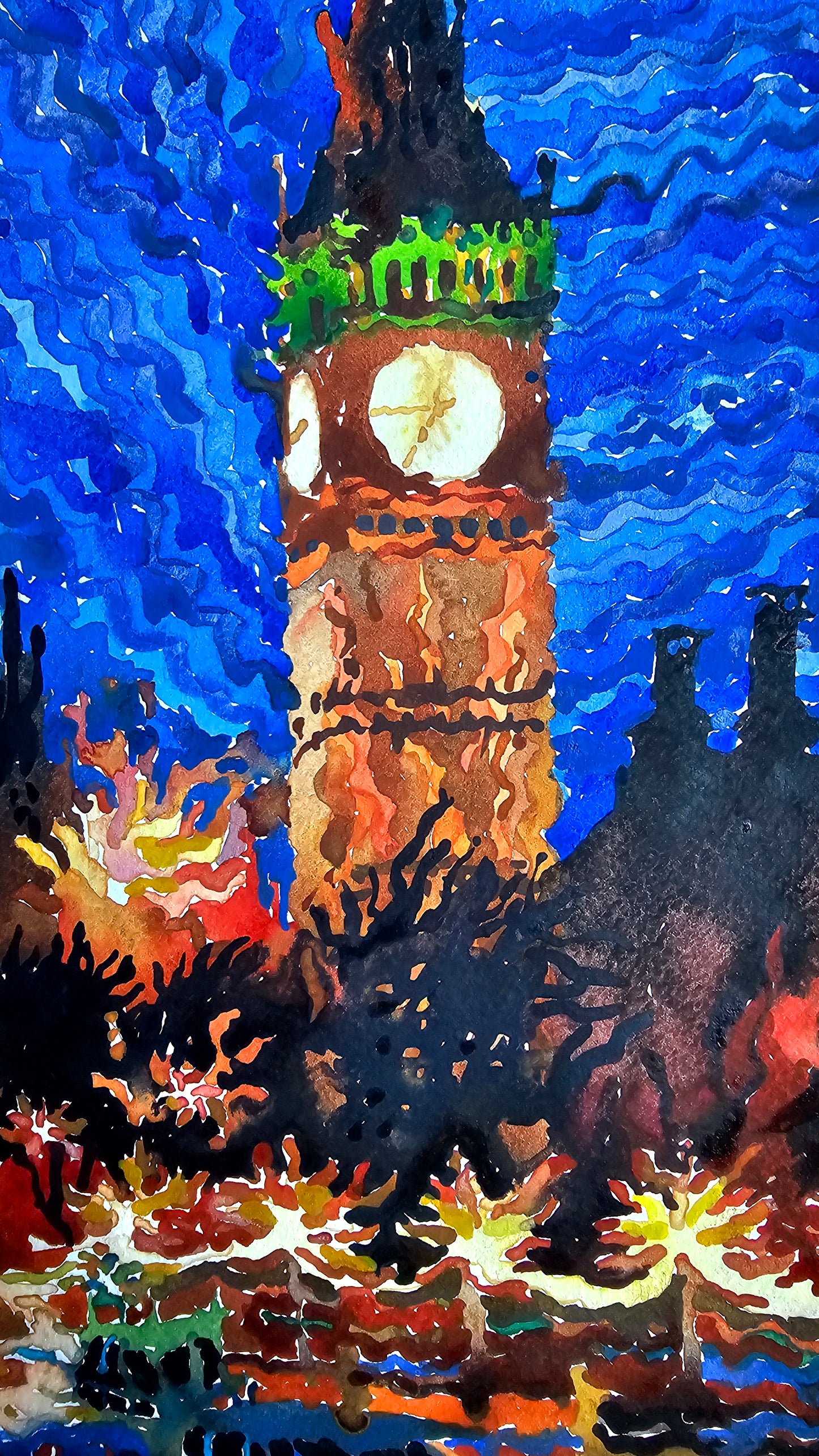 Big Ben in London City Watercolor Painting by Tanbelia
