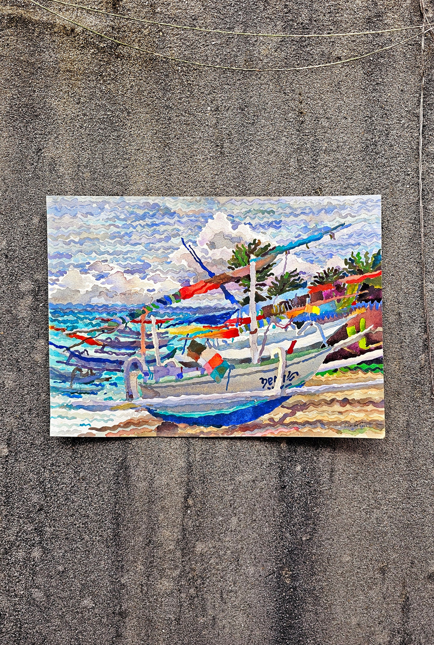 Fisherman Beach Watercolor Painting by Tanbelia