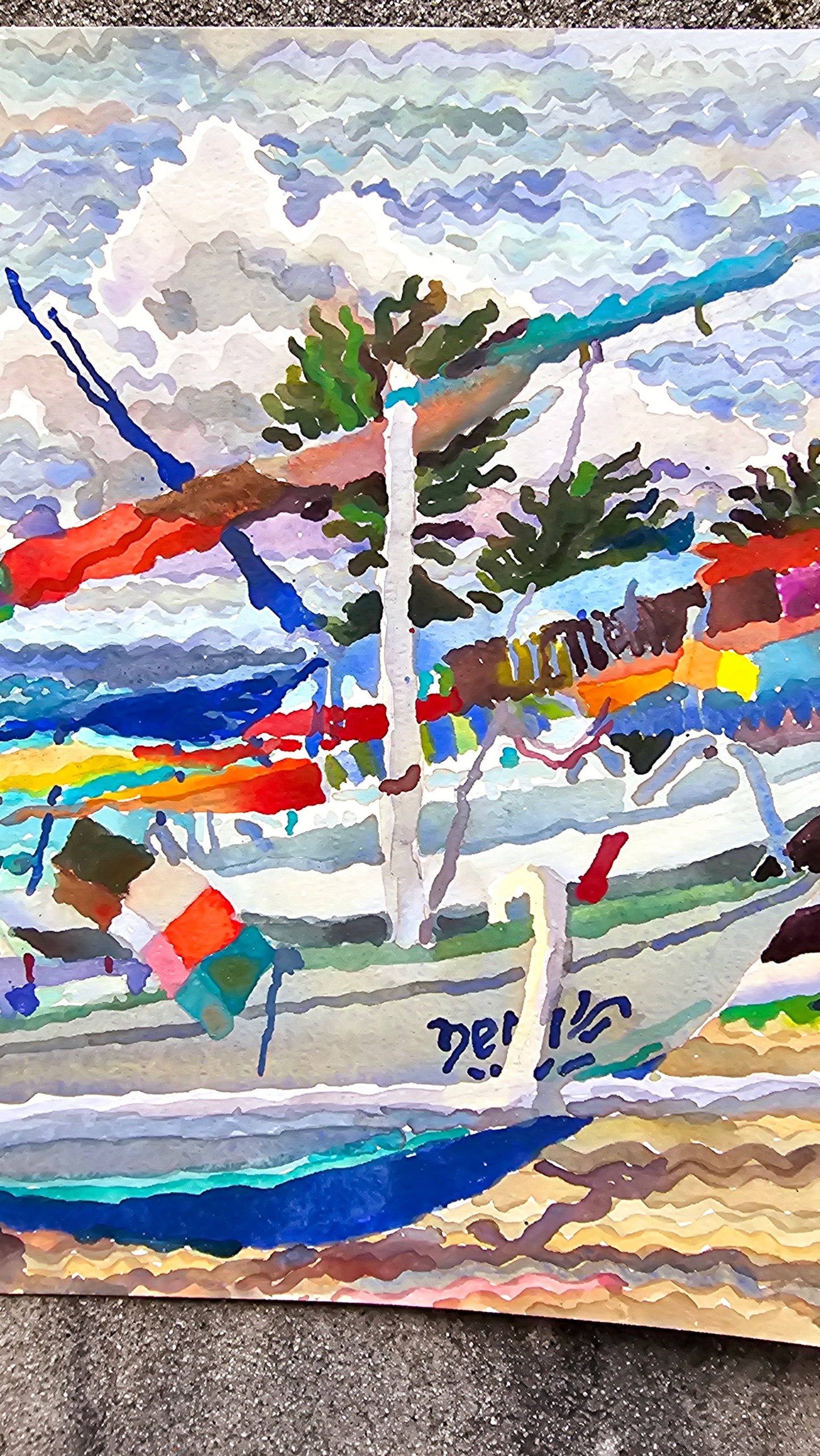 Fisherman Beach Watercolor Painting by Tanbelia