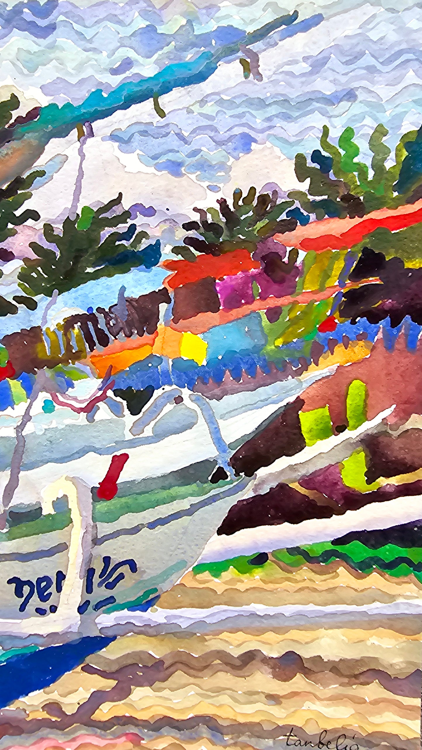 Fisherman Beach Watercolor Painting by Tanbelia