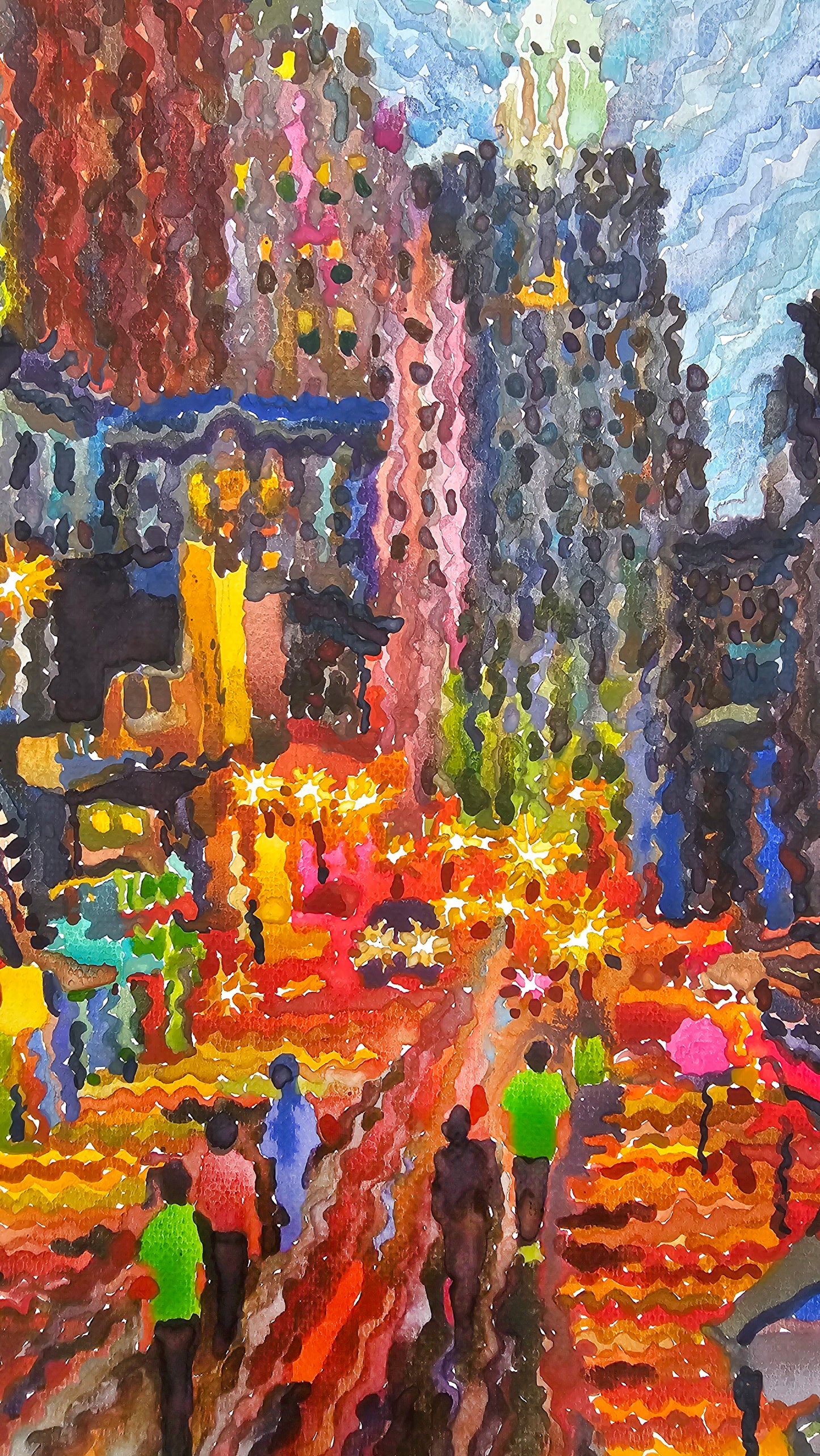 Bourbon Street in New Orleans Watercolor Painting by Tanbelia