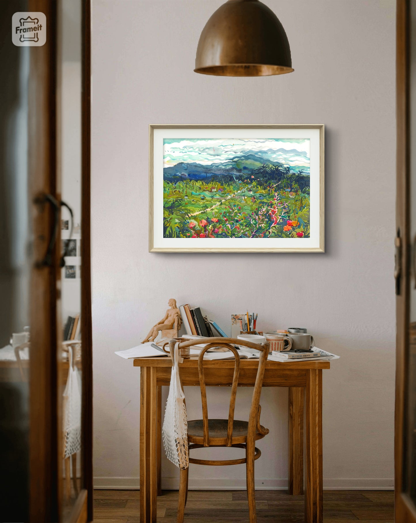 Agung Volcano Watercolor Original Artwork, Candidasa City in Bali Island Painting by Tanbelia