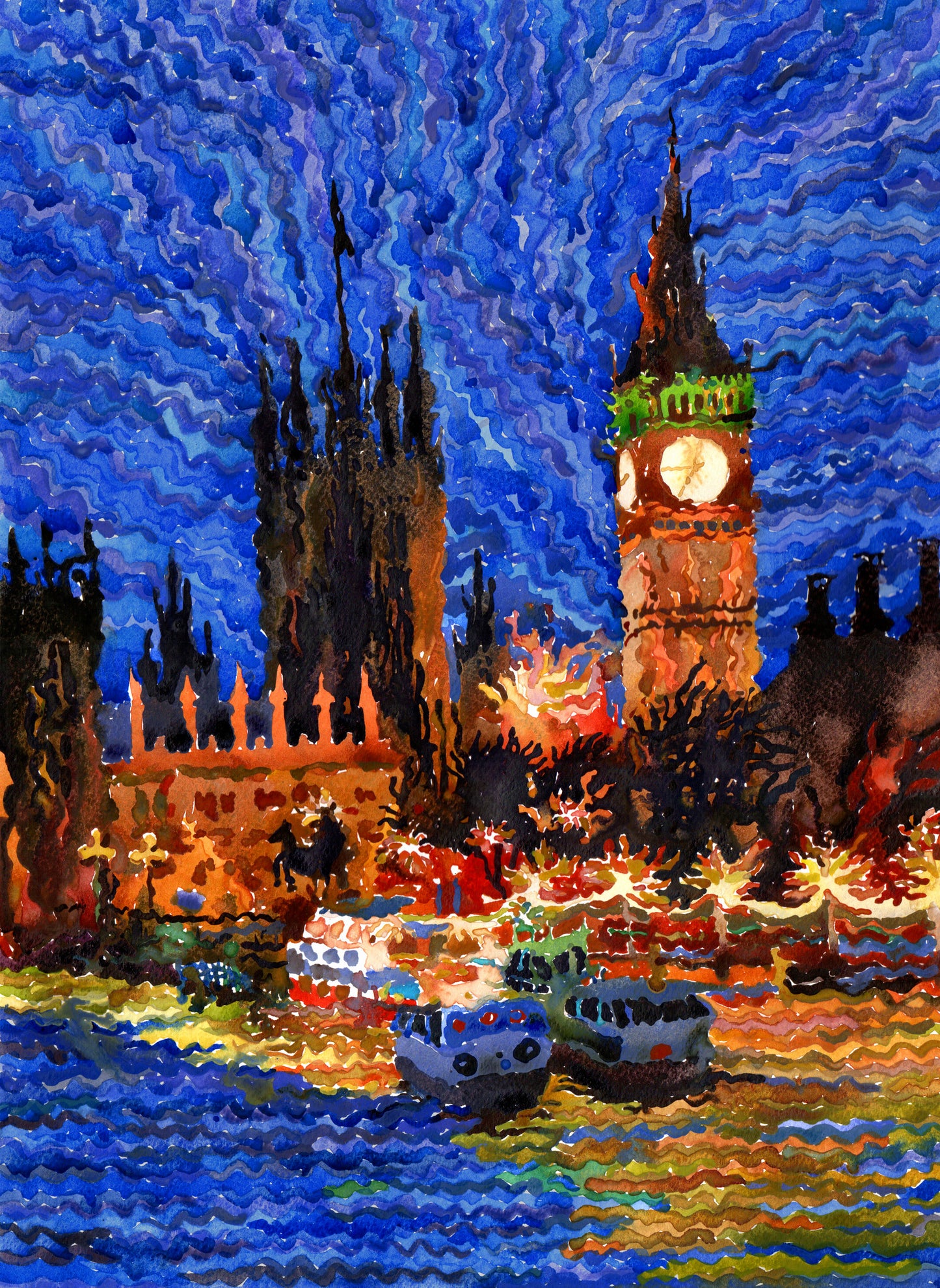 Big Ben in London City Watercolor Painting by Tanbelia