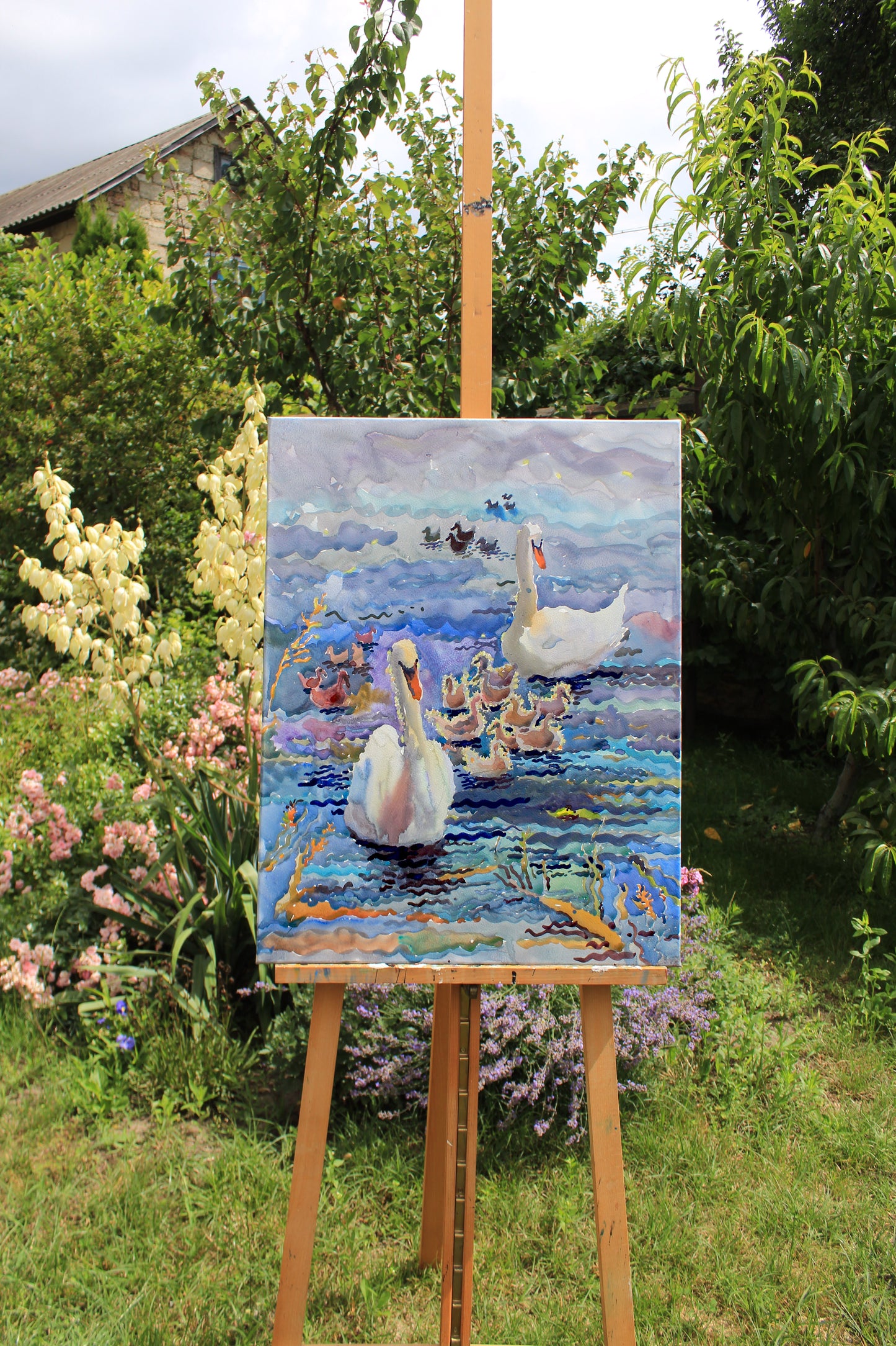 Swans Watercolor Original Painting by Tanbelia