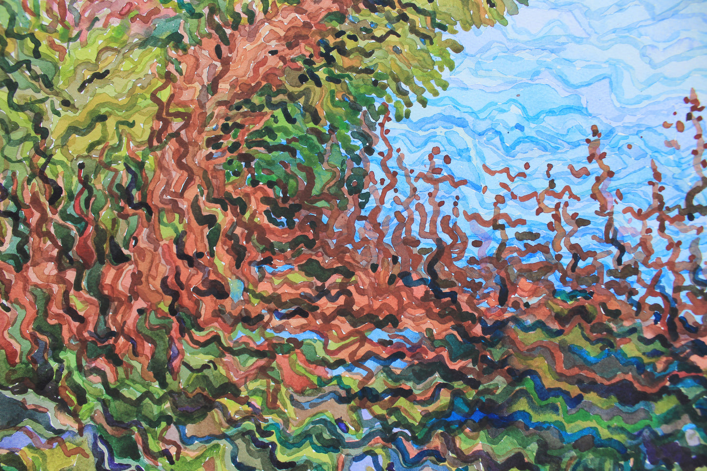 Summer River Landscape Watercolor Original Painting by Tanbelia