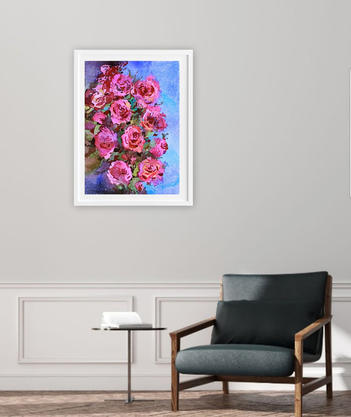 Pink Rose Original Watercolor Flower Painting by Tanbelia