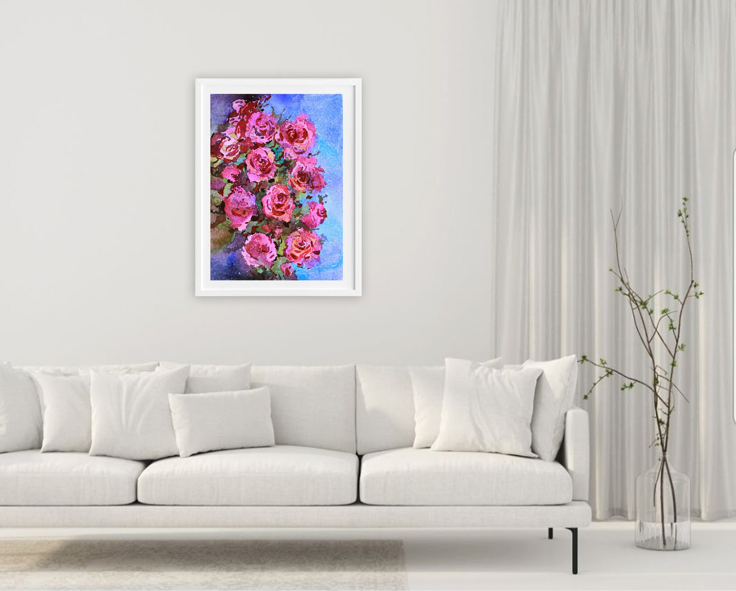 Pink Rose Original Watercolor Flower Painting by Tanbelia