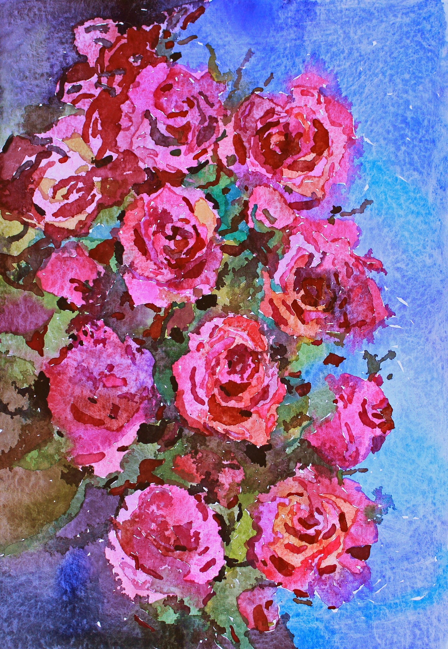 Pink Rose Original Watercolor Flower Painting by Tanbelia