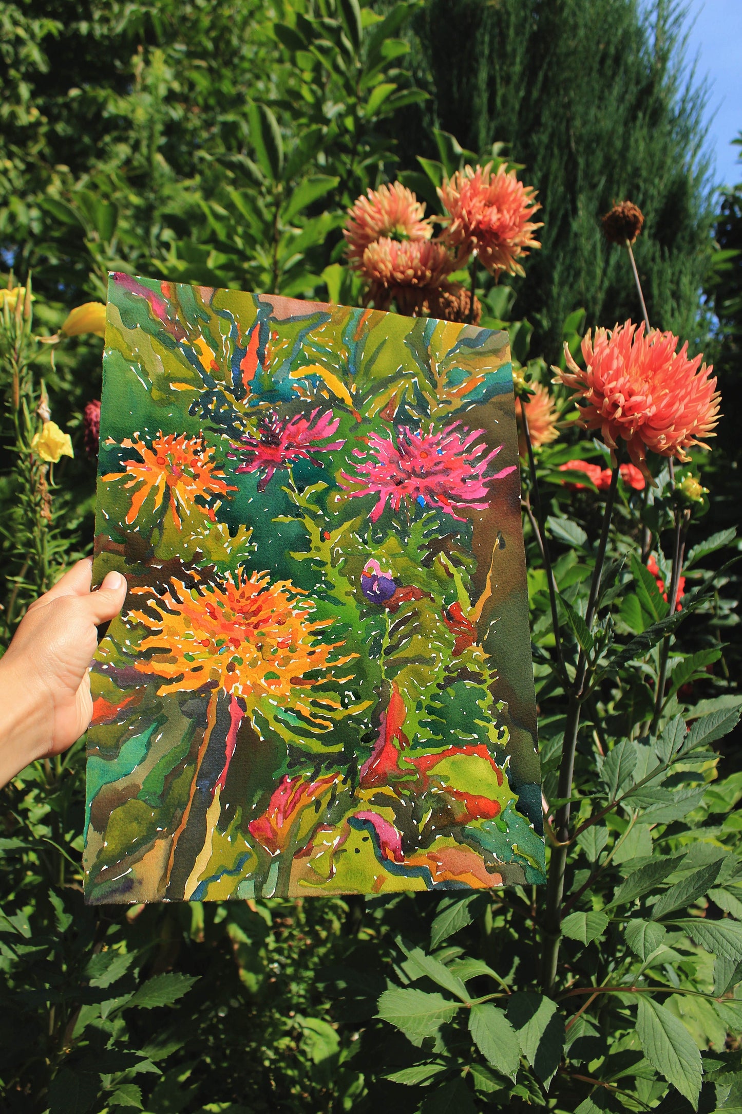 Dahlias Watercolor Original Painting by Tanbelia