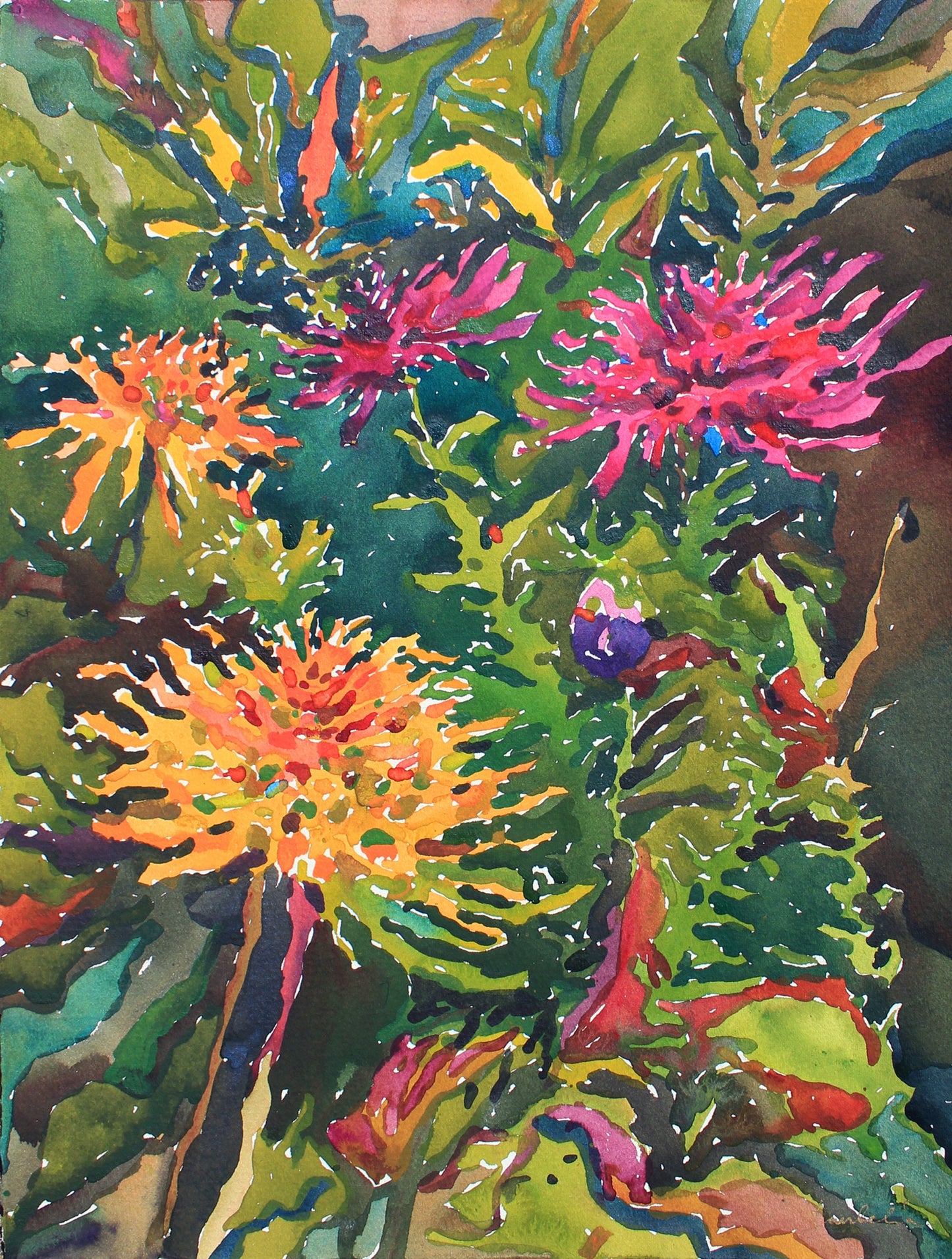 Dahlias Watercolor Original Painting by Tanbelia