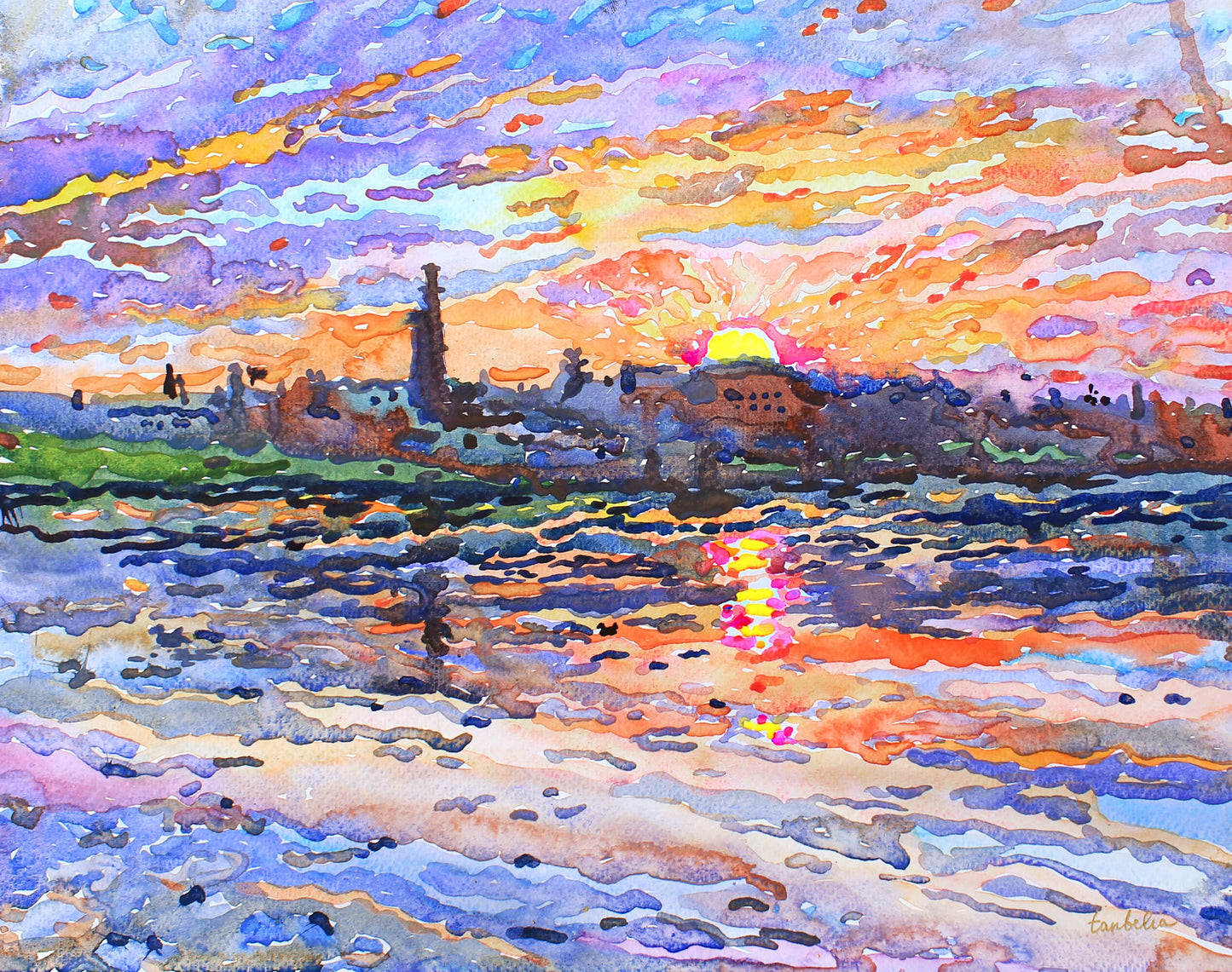 Sunrise on the Lake Landscape Painting Original by Tanbelia