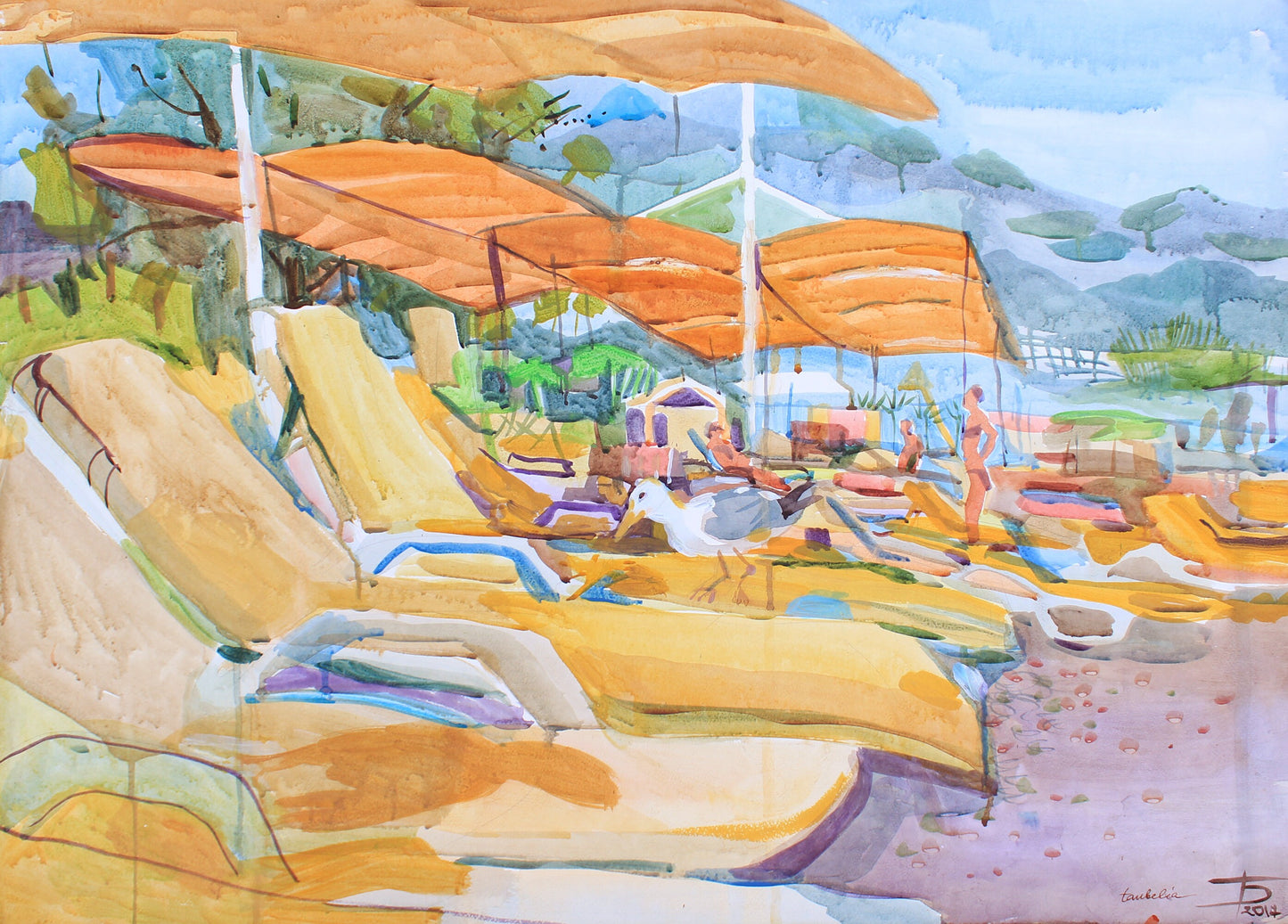 Seagull on the Beach Watercolor Painting by Tanbelia