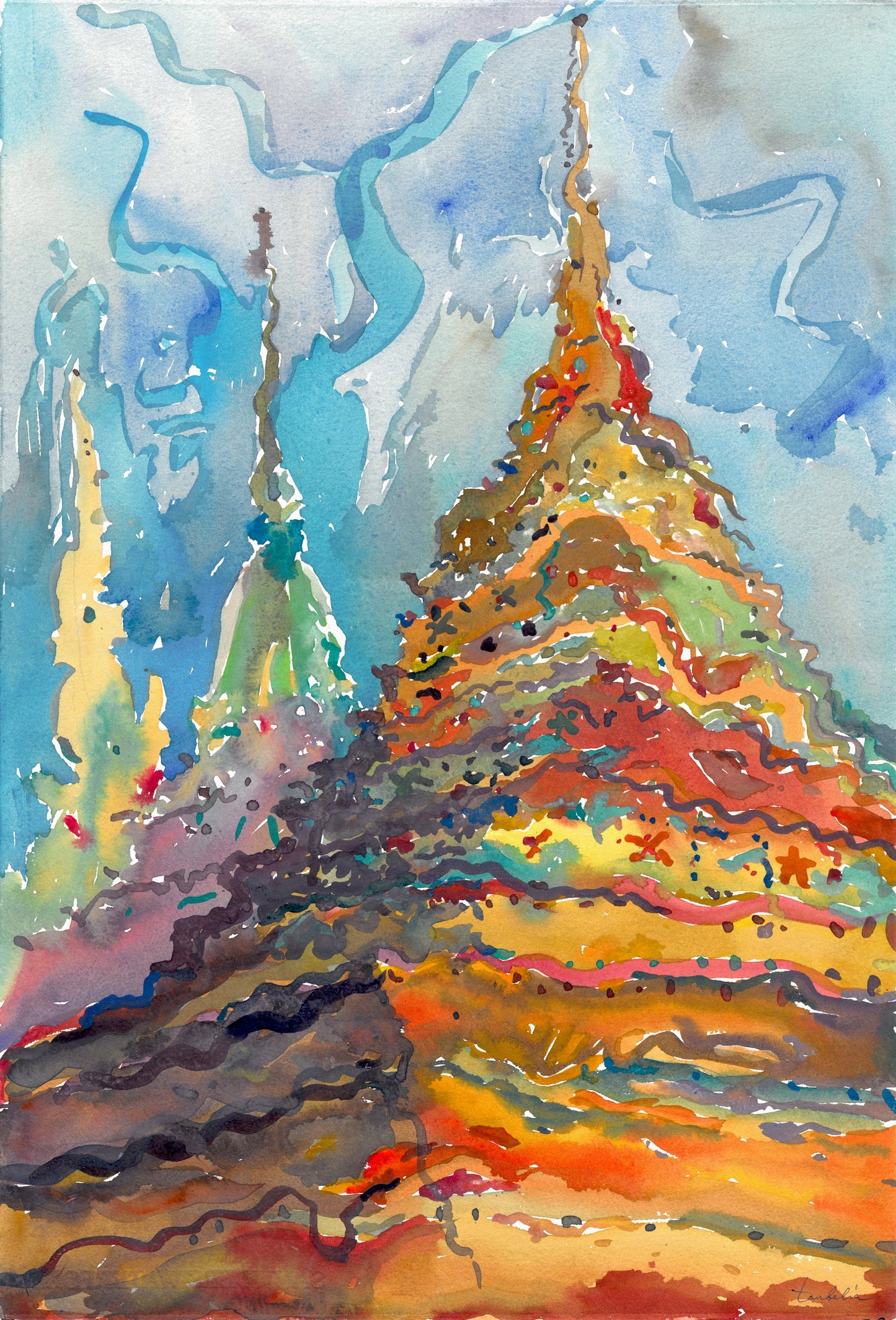 Buddhist Stupas in Wat Pho Temple in Bangkok Watercolor Original Artwork by Tanbelia