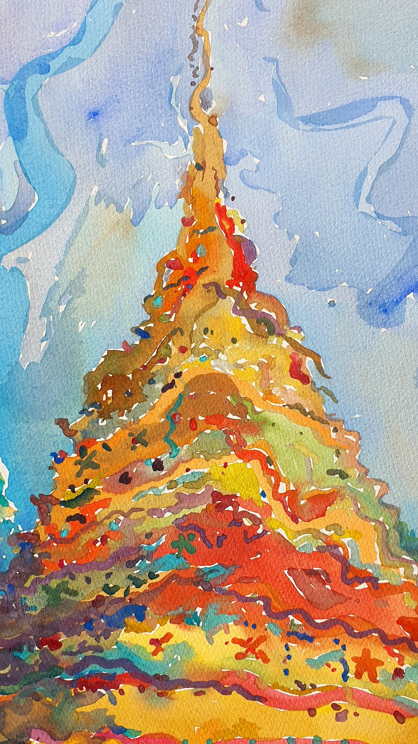 Buddhist Stupas in Wat Pho Temple in Bangkok Watercolor Original Artwork by Tanbelia