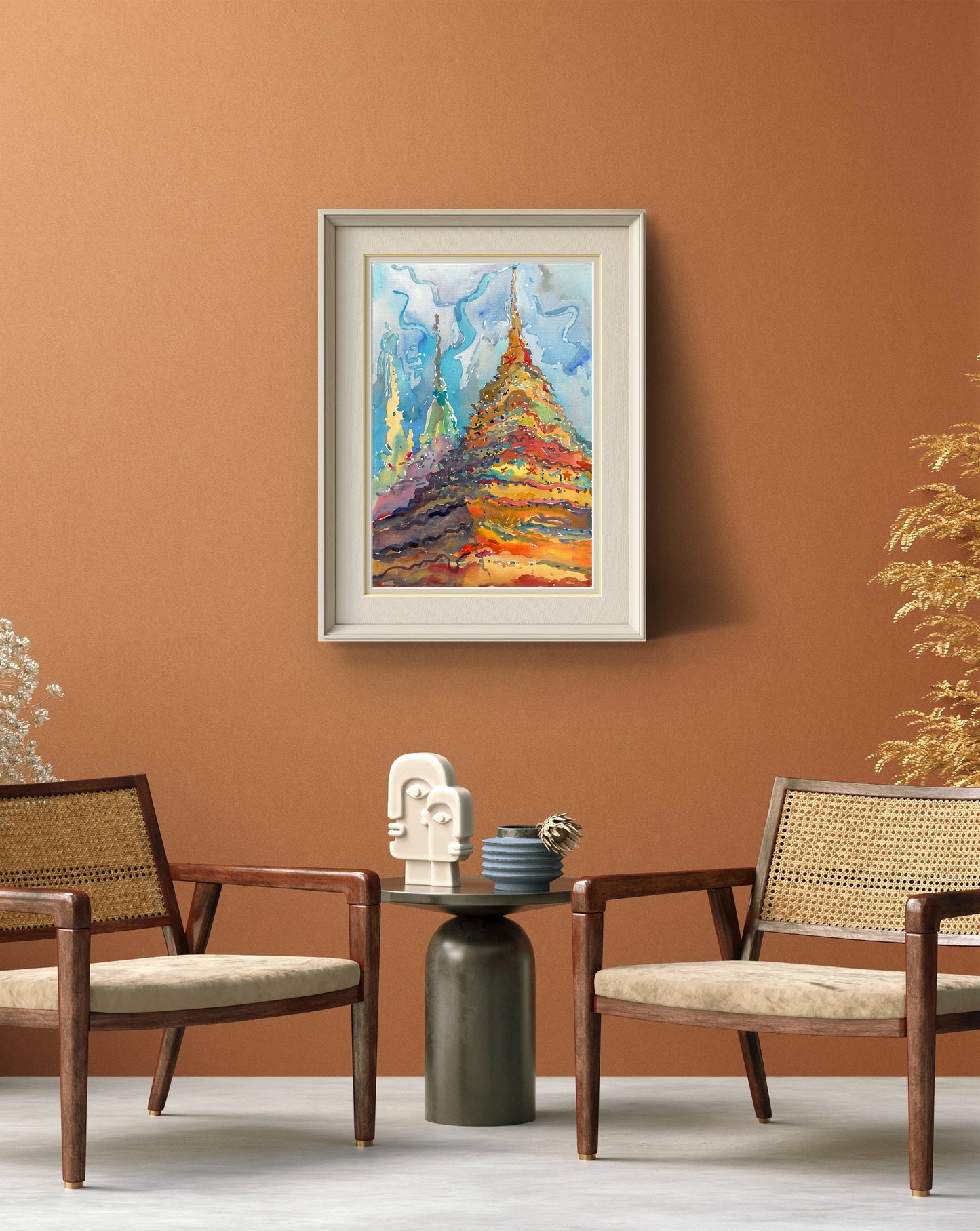 Buddhist Stupas in Wat Pho Temple in Bangkok Watercolor Original Artwork by Tanbelia