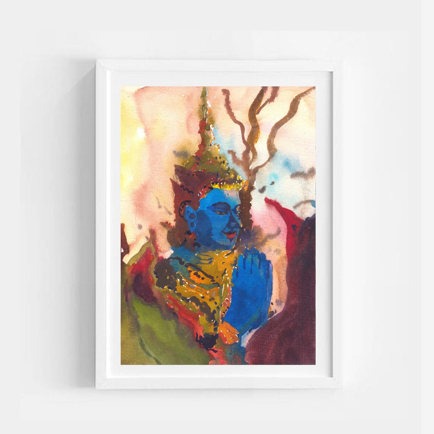 Blue Buddha Painting, Buddha Wall Art Painting, Watercolor Portrait Wall Art, Religious Art by Tanbelia