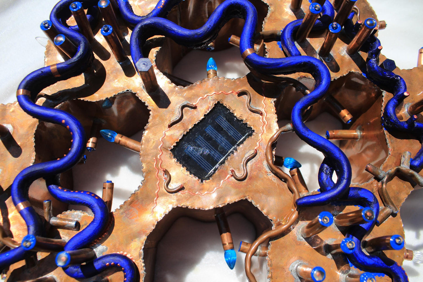 Abstract Copper Sculpture of Ipomoea Flowers with Solar Battery Light by Tanbelia