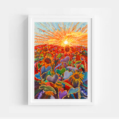 Fiery Sunset in the Sunflower Field Watercolor Painting by Tanbelia