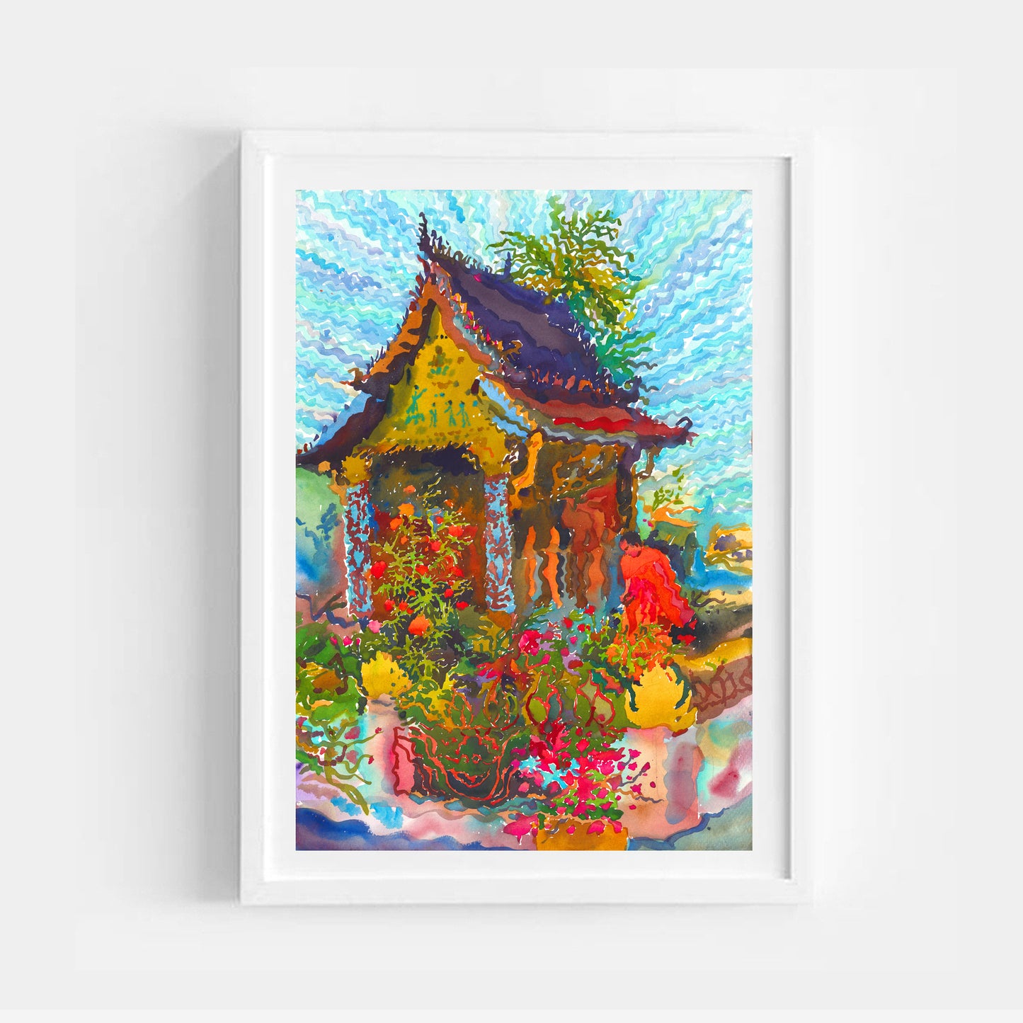 Xieng Mouane Temple in Laos Watercolor Print