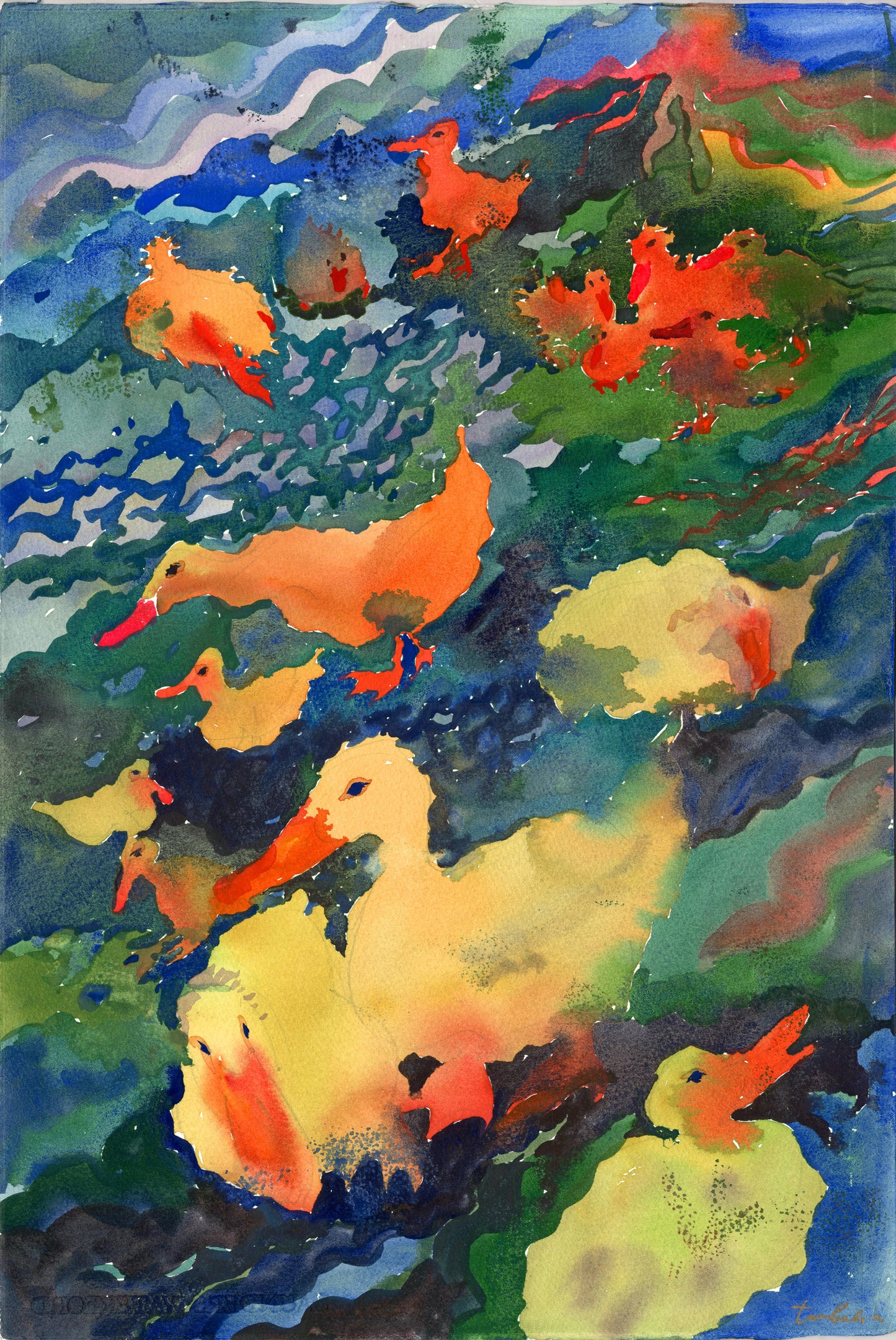 Yellow Baby Duck Watercolor Print by Tanbelia