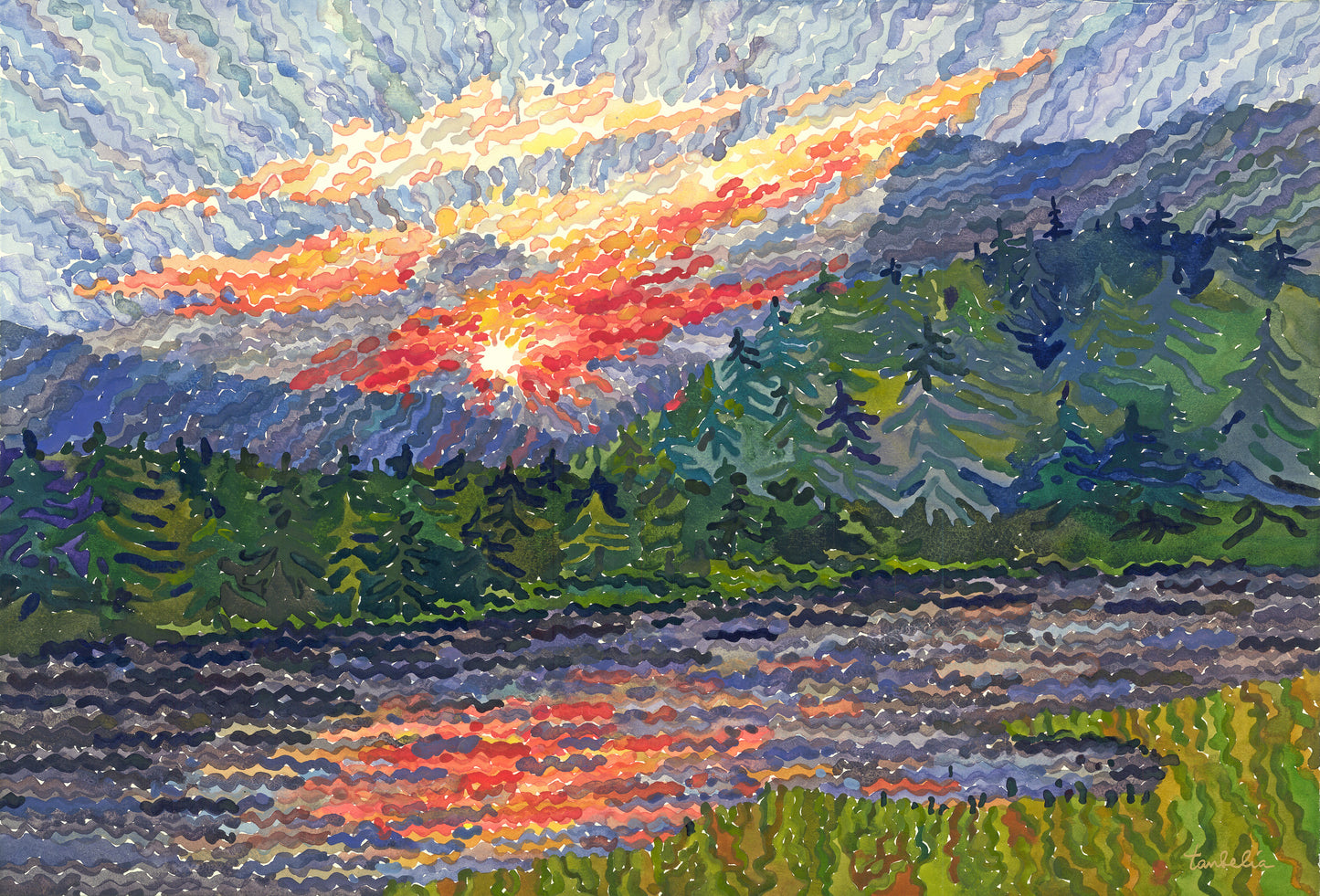 Yellowstone National Park Sunset on the Madison River Watercolor Original Painting by Tanbelia