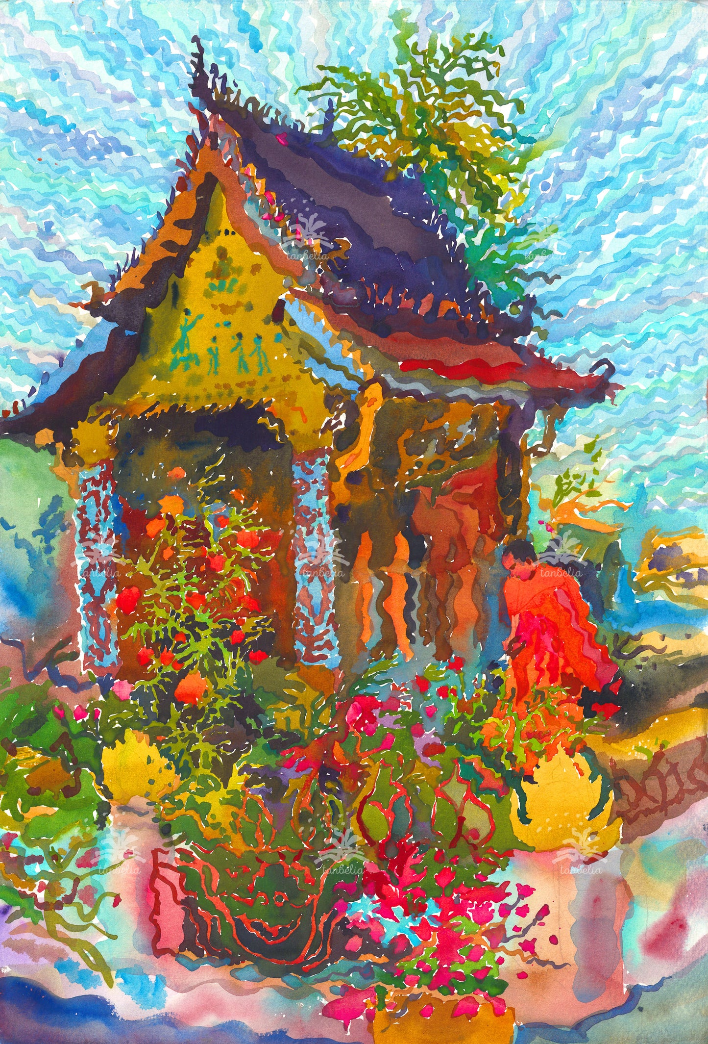 Xieng Mouane Temple in Laos Watercolor Print