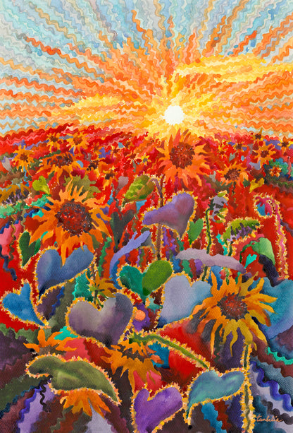 Fiery Sunset in the Sunflower Field Watercolor Painting by Tanbelia