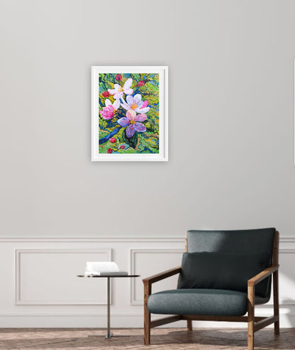 White Apple Blossom Watercolor Painting by Tanbelia