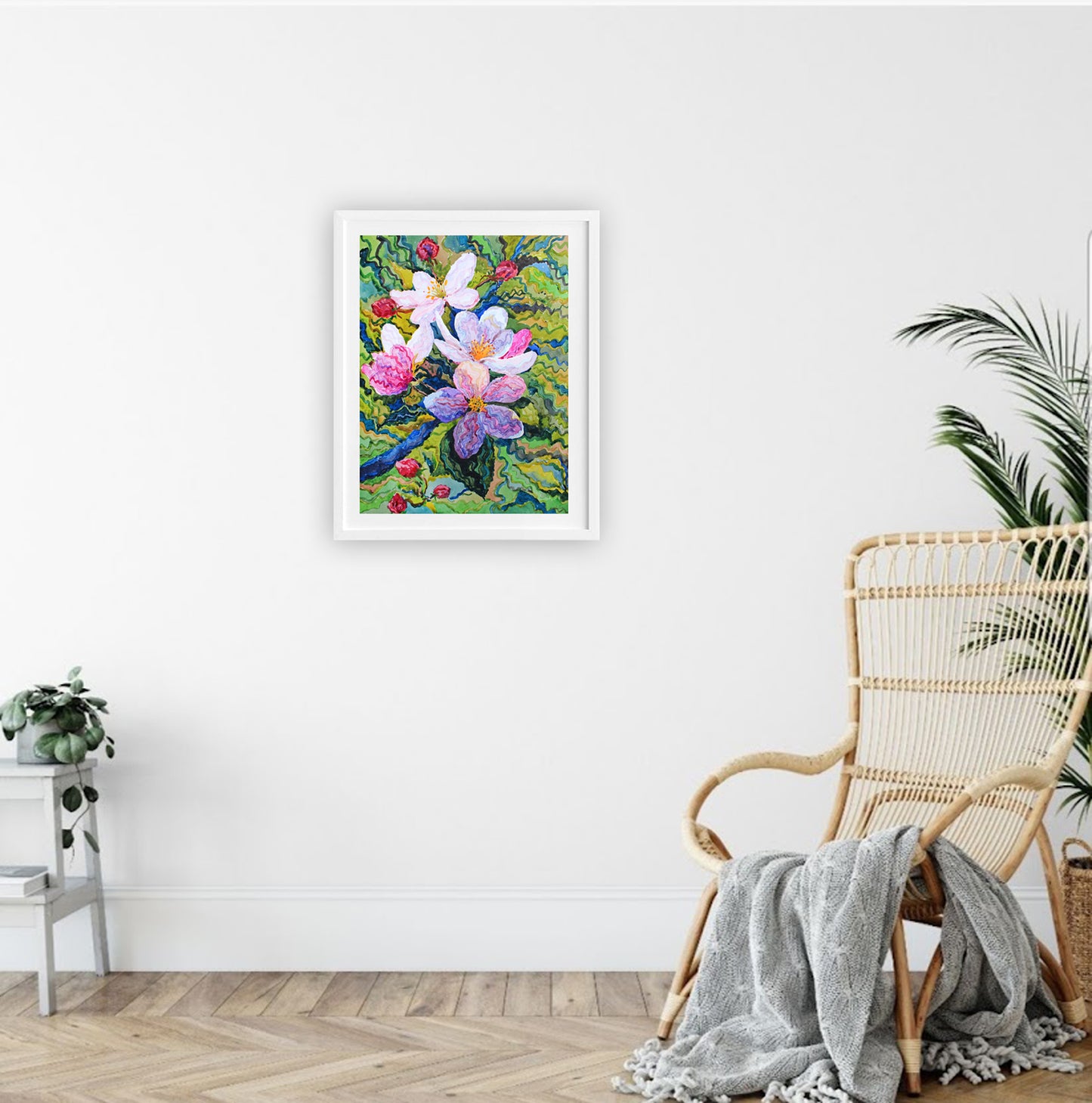 White Apple Blossom Watercolor Painting by Tanbelia