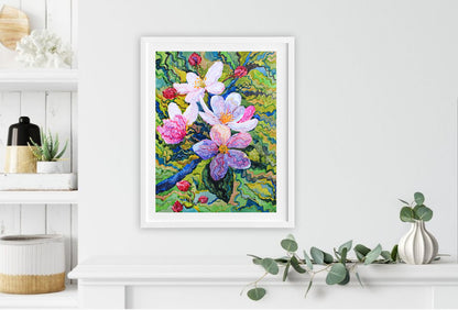 White Apple Blossom Watercolor Painting by Tanbelia