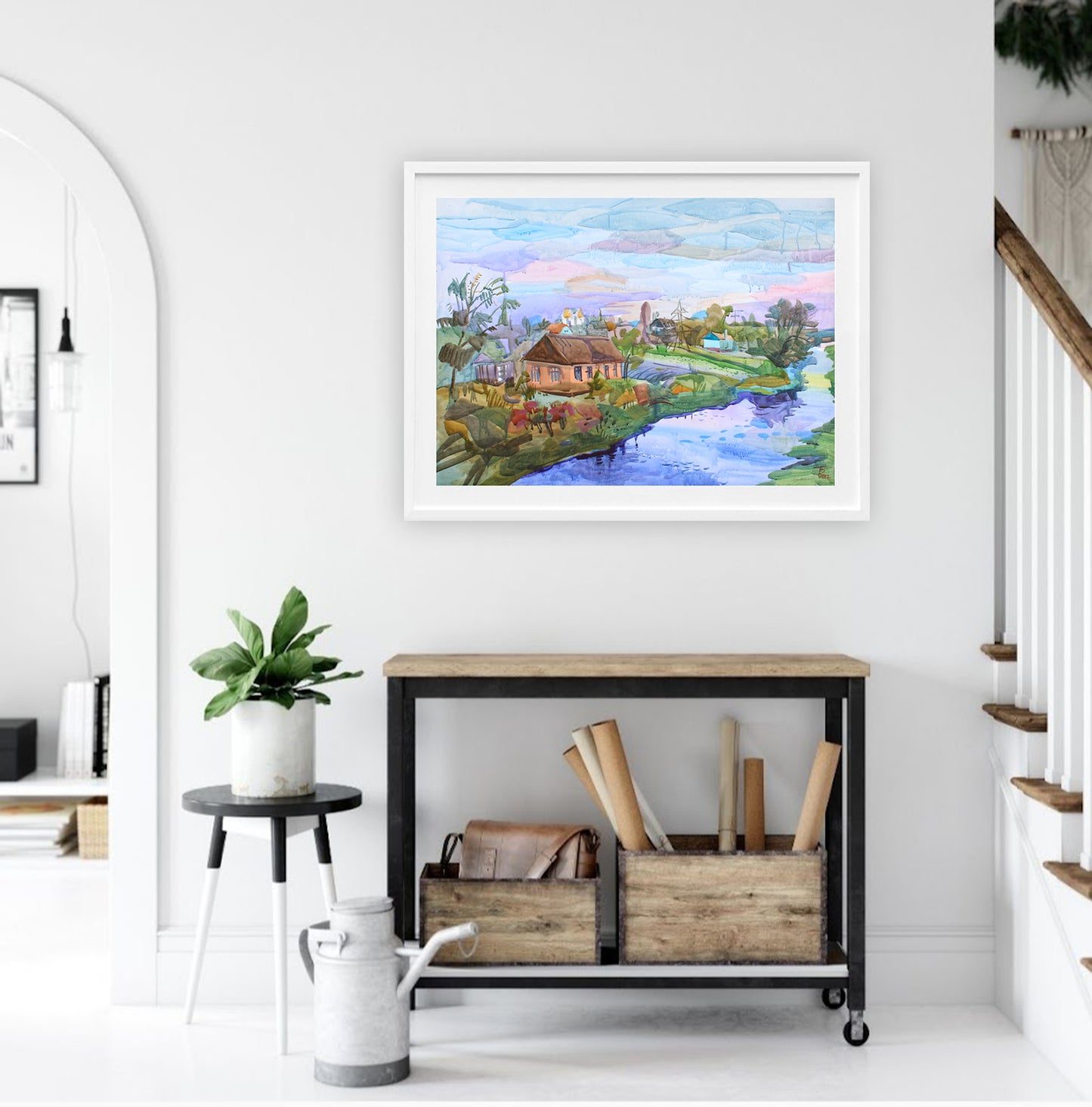 House on the River Watercolor Original Painting by Tanbelia