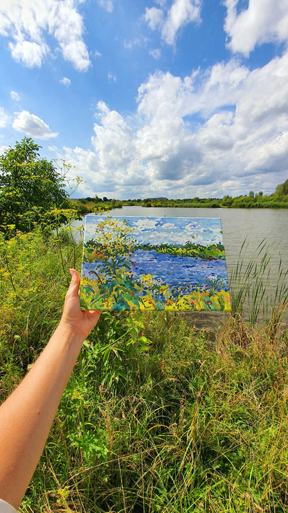 Blue Lake Watercolor Original Painting by Tanbelia