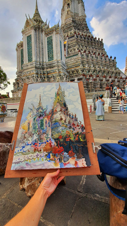 Wat Arun Buddhist Temple Watercolor Original Painting by Tanbelia