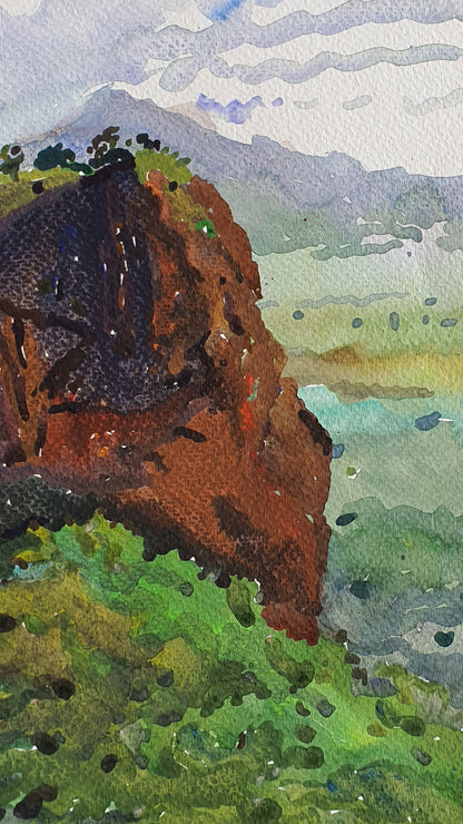 Sigiriya Rock Fortress Watercolor Original Painting by Tanbelia