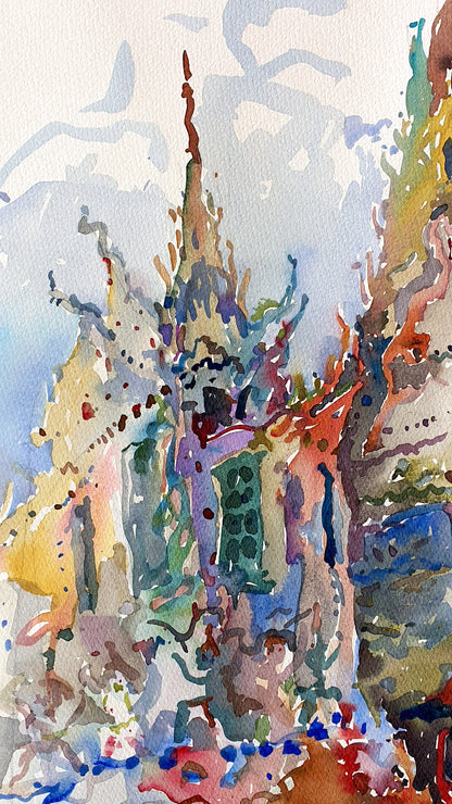 Wat Arun Buddhist Temple Watercolor Original Painting by Tanbelia