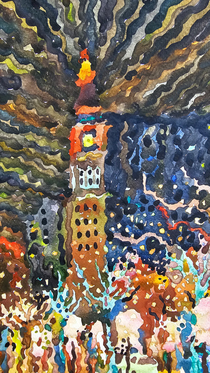 Daniels & Fisher Tower on Larimer Square in Denver Watercolor Painting by Tanbelia