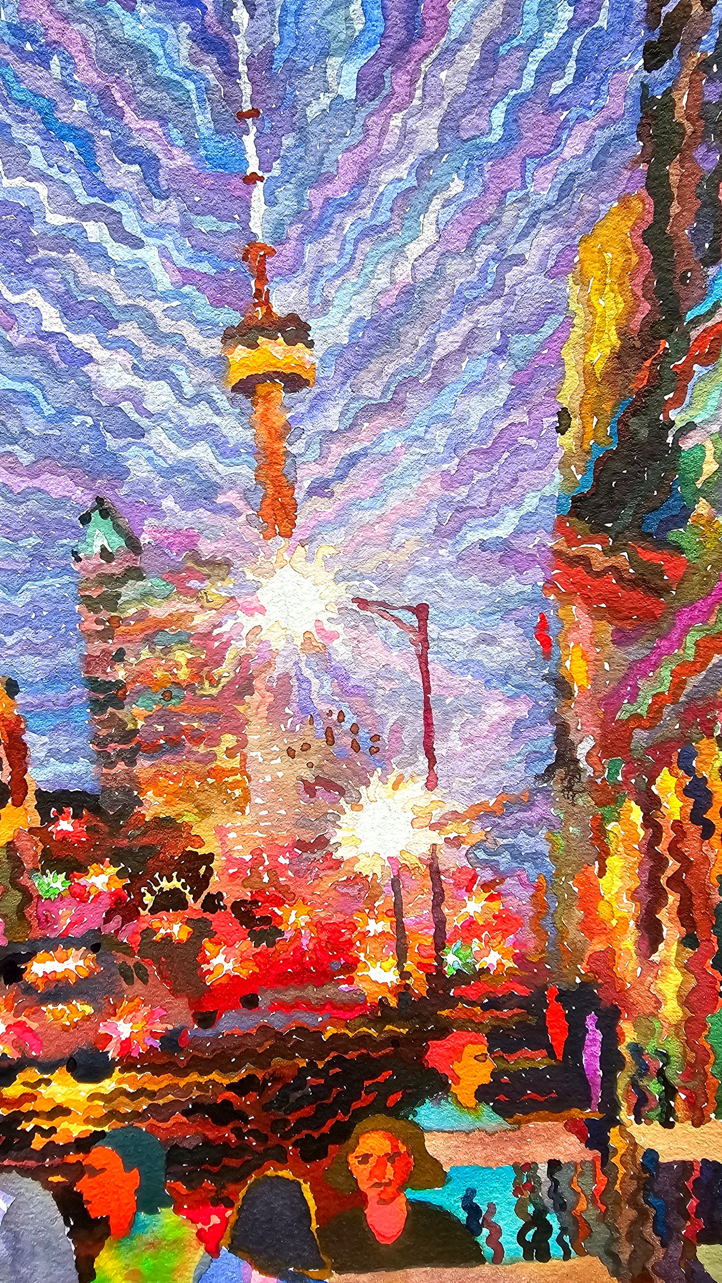 Night Toronto Watercolor Painting by Tanbelia