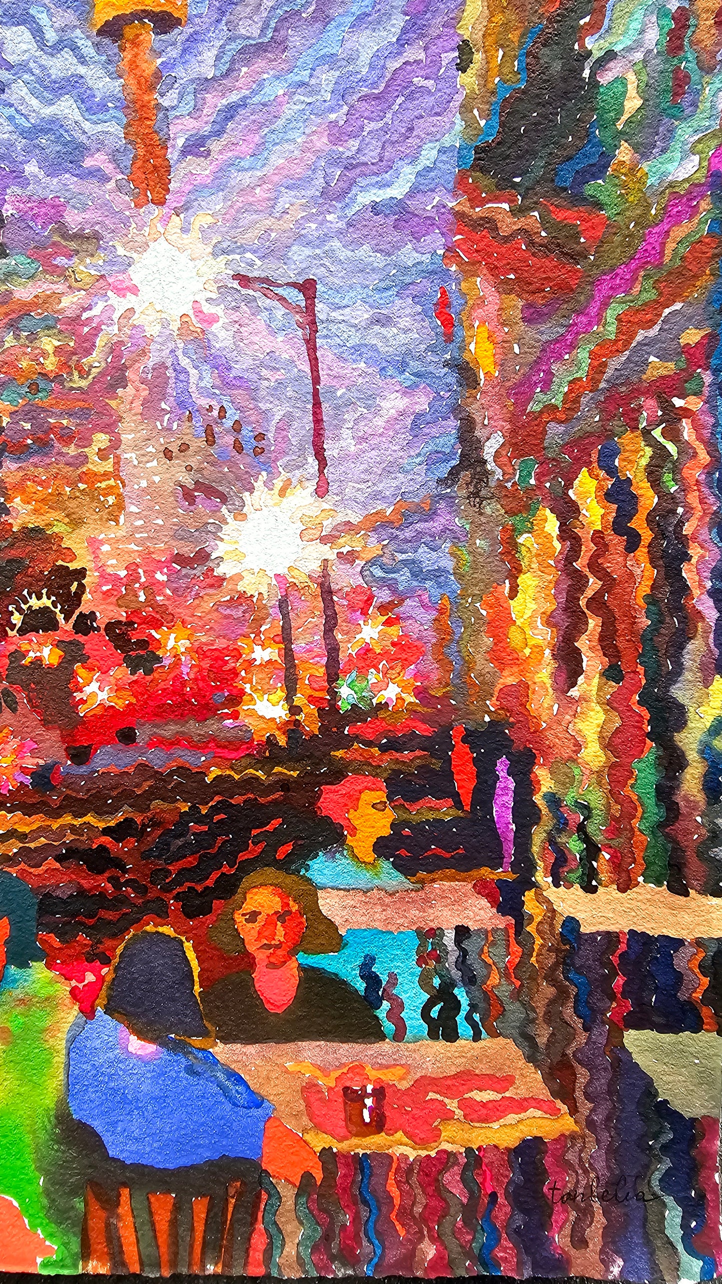 Night Toronto Watercolor Painting by Tanbelia