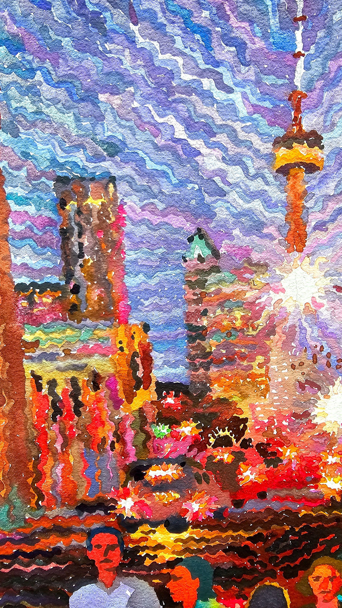 Night Toronto Watercolor Painting by Tanbelia