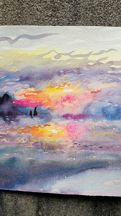 Sunset Watercolor Painting by Tanbelia