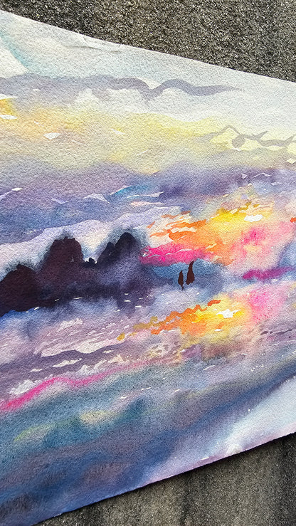 Sunset Watercolor Painting by Tanbelia