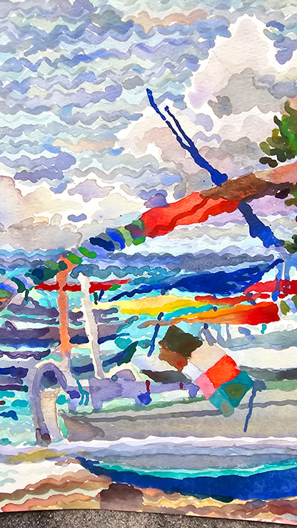 Fisherman Beach Watercolor Painting by Tanbelia
