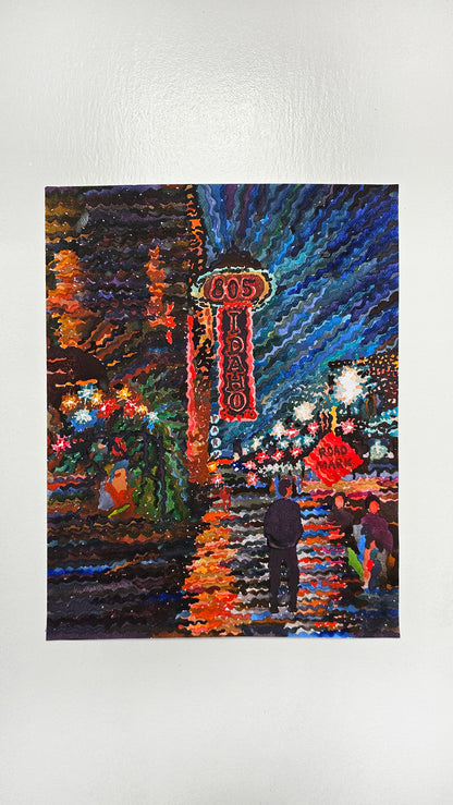 Boise Downtown at Night Watercolor Painting by Tanbelia