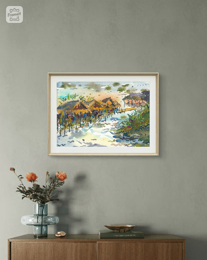 Wooden Houses on the River in Kampie Village Painting by Tanbelia