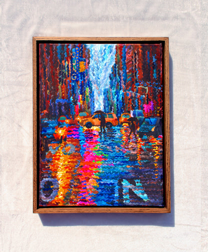 Neon Lights in New York City Framed Watercolor Artwork
