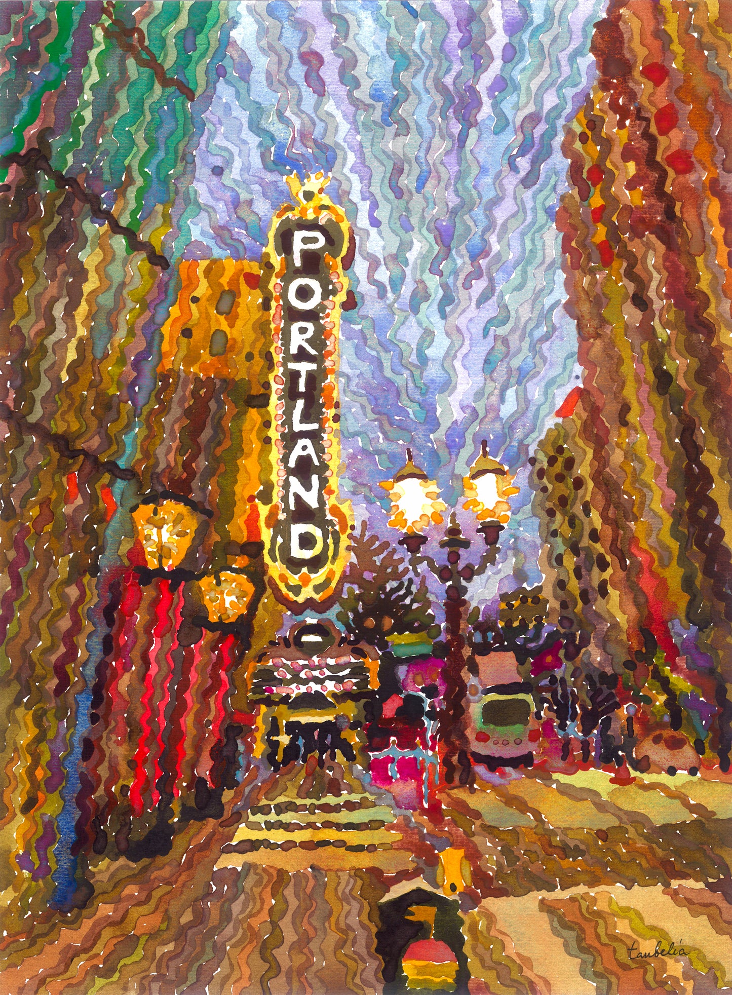 Portland Watercolor Painting by Tanbelia